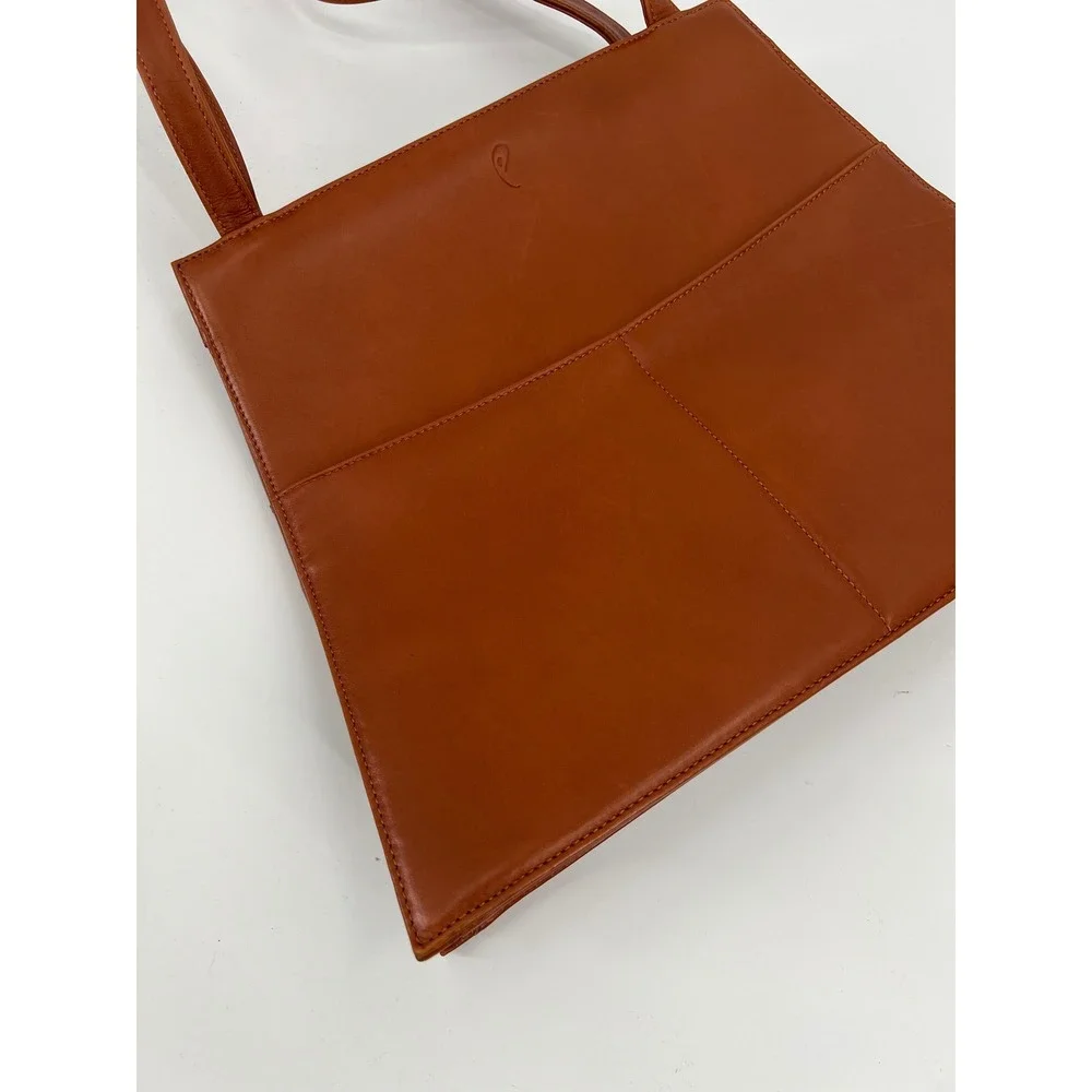 Vintage INDE Cognac Brown Leather Trapezoid Shoulder Bag Minimalist Tote 90s Y2K